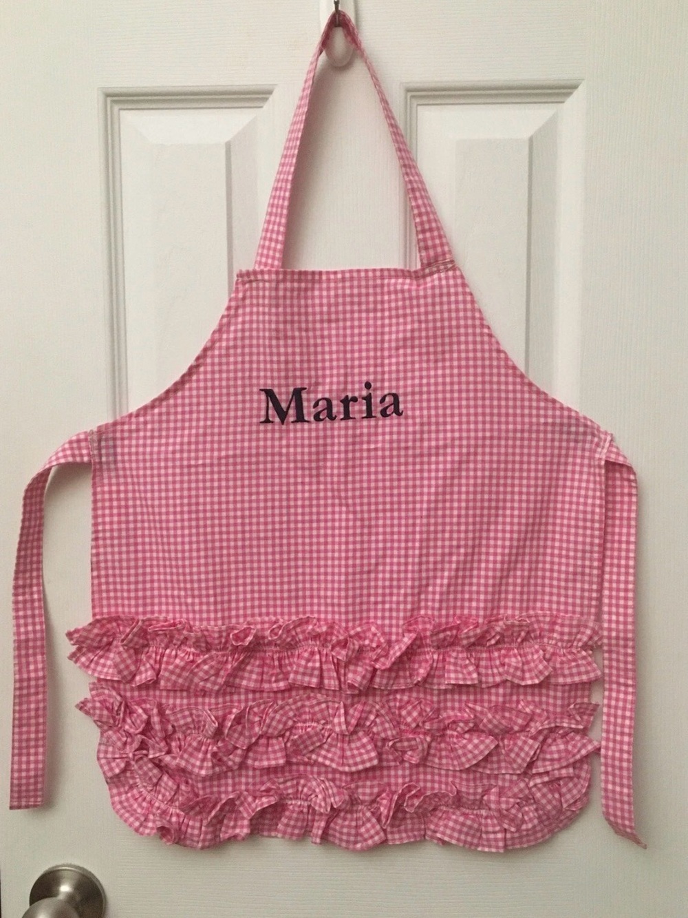 Pottery Barn Kids Monogrammed “Maria” Gingham Ruffled Bib Apron Pink White